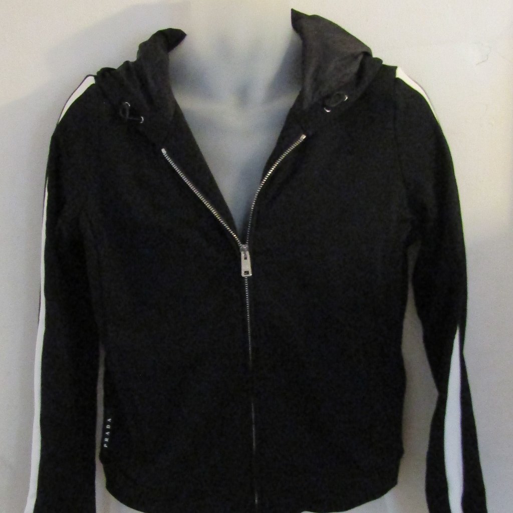 New Prada Black White Stripe Cotton Jersey Zip Front Felpa Blouson Hoodie Jacket